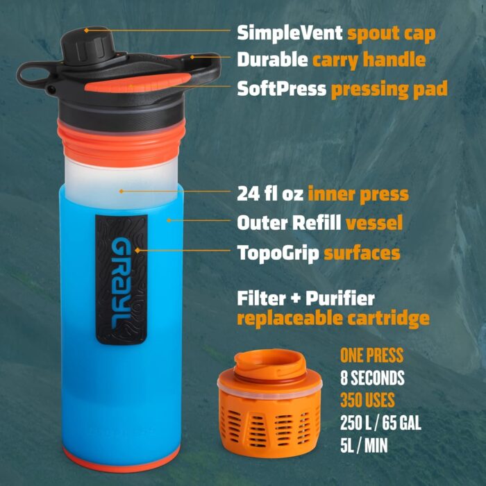 GRAYL GeoPress 24 oz Water Purifier Bottle - Filter for Hiking, Camping, Survival, Travel (Bali Blue) - Image 9
