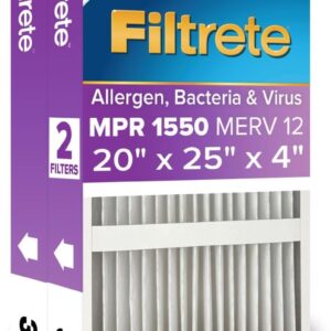 Filtrete 20x25x4 AC Furnace Air Filter, MPR 1550, MERV 12, Fits Lennox & Honeywell, Allergen, Bacteria & Virus, Electrostatic Air Cleaning Filter, 2-Pack (actual size 19.88 x 24.63 x 4.31)