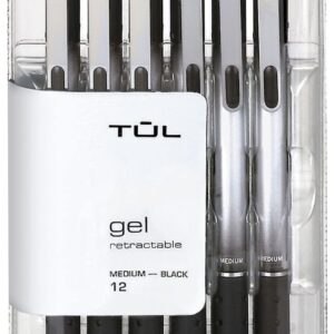 TUL Gel Pens, Retractable, Medium Point, 0.7 mm, Gray Barrel, Black Ink, Pack Of 12