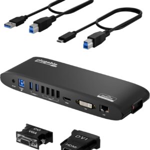 Plugable USB 3.0 Universal Docking Station for Windows, macOS, ChromeOS (Dual HDMI Monitors or DVI/VGA, Gigabit Ethernet, Audio, 6 USB Ports) - Horizontal