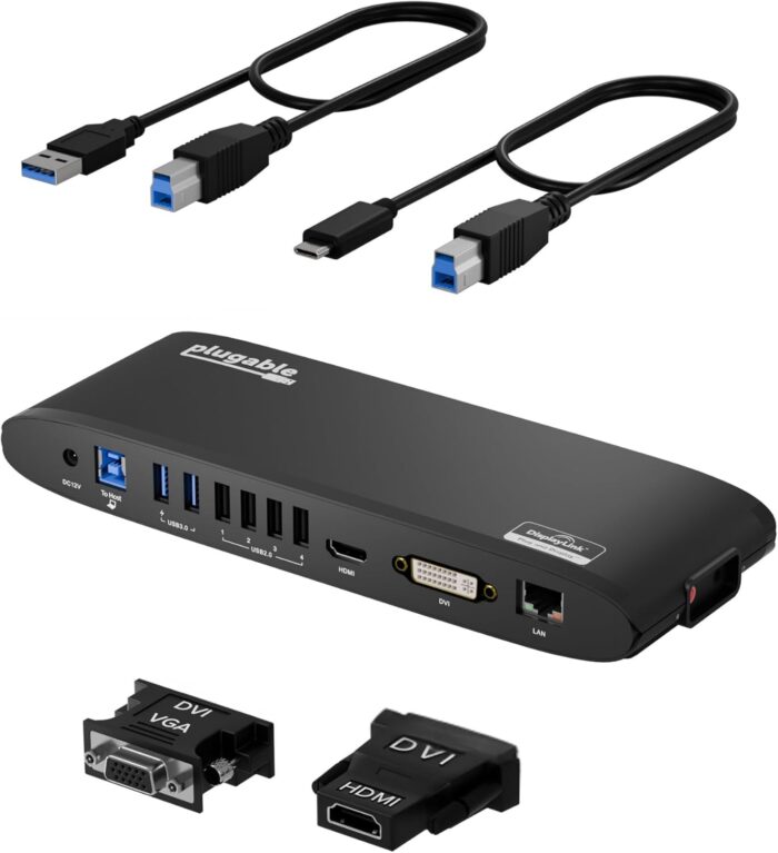 Plugable USB 3.0 Universal Docking Station for Windows, macOS, ChromeOS (Dual HDMI Monitors or DVI/VGA, Gigabit Ethernet, Audio, 6 USB Ports) - Horizontal