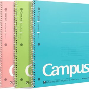 KOKUYO Spiral Notebook, 3 Pack Campus 10-1/2" x 8" Subject Notebooks with College Ruled, 80 Sheets, Pink Blue Green 3 Holes School Spiral Journal for Work Study Note Taking (WSG-SU-400G1×3)