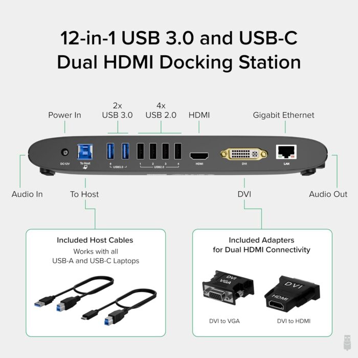 Plugable USB 3.0 Universal Docking Station for Windows, macOS, ChromeOS (Dual HDMI Monitors or DVI/VGA, Gigabit Ethernet, Audio, 6 USB Ports) - Horizontal - Image 2