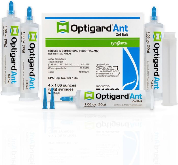 Optigard Ant Gel Bait, 4 Tubes x 30-Grams, 1 Plunger and 2 Application Tips, Effective Ant Bait, Formulated with 0.01% Thiamethoxam, Indoor and Outdoor Use, Ant Killer Gel for Most Major Ant Species