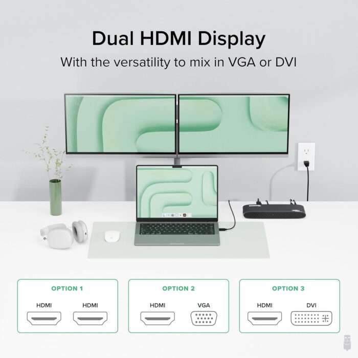 Plugable USB 3.0 Universal Docking Station for Windows, macOS, ChromeOS (Dual HDMI Monitors or DVI/VGA, Gigabit Ethernet, Audio, 6 USB Ports) - Horizontal - Image 3