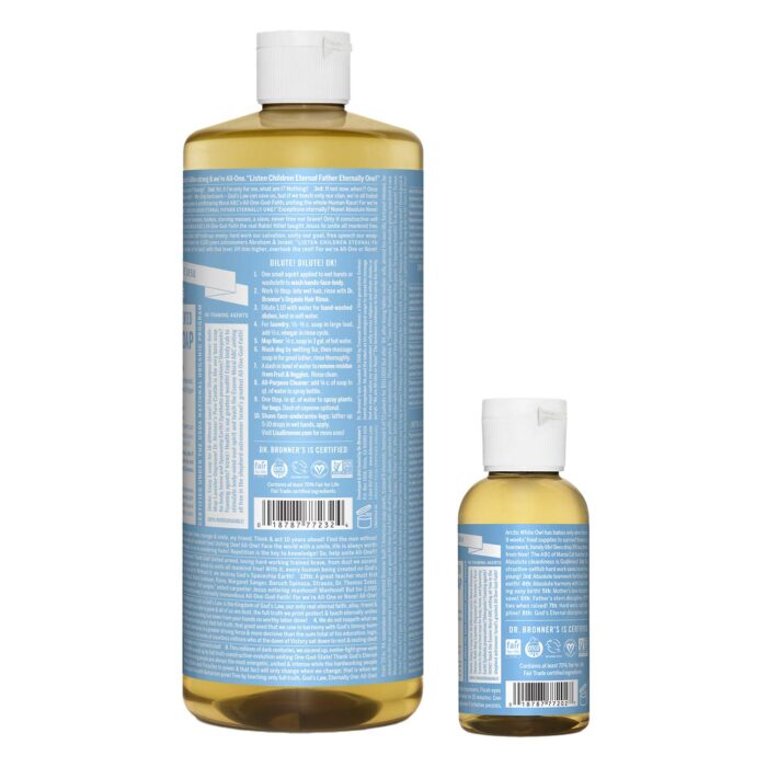Dr. Bronner's Pure-Castile Liquid Soap – Baby Unscented Bundle. 32 oz. Bottle and 2 oz. Travel Bottle - Image 2