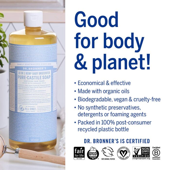 Dr. Bronner's Pure-Castile Liquid Soap – Baby Unscented Bundle. 32 oz. Bottle and 2 oz. Travel Bottle - Image 4
