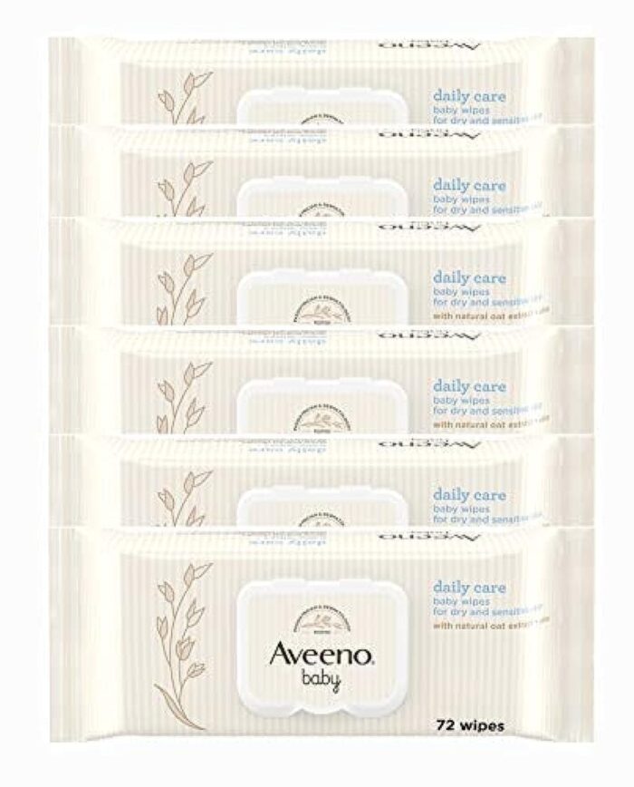 AVEENO Baby Daily Care Wipes - Cleanse Gently and Efficiently - Baby Wipes - Baby Essentials - 72 Wipes, Lid On Each Pack, Pack of 6 (432 Wipes in Total)